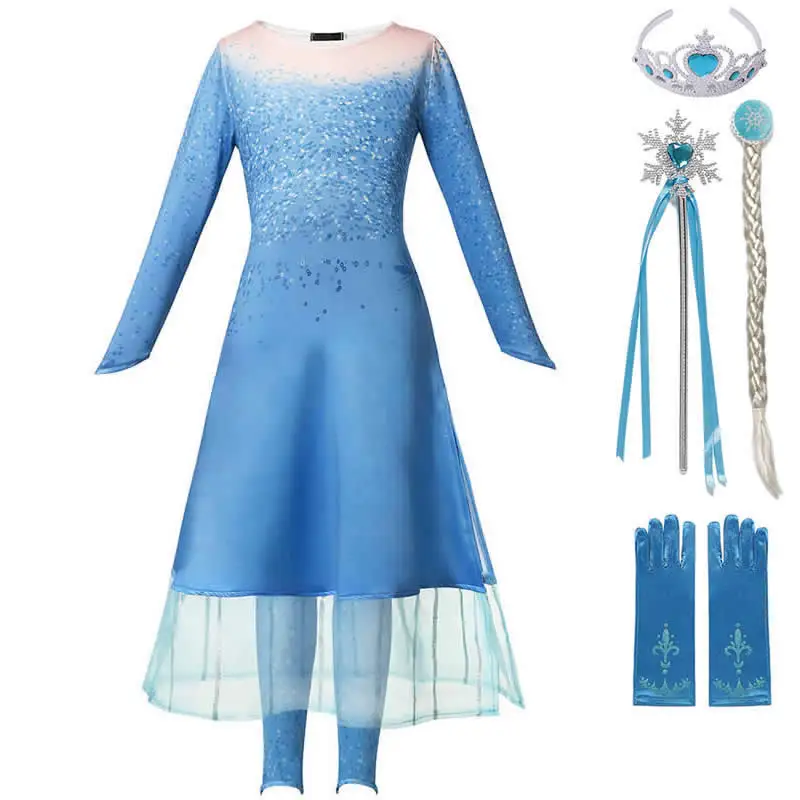 Dress C Sets 3 Новое платье Эльзы для девочек зимние костюмы, светильник, комплект из 3 предметов одежда с принтом снежинки фатиновые платья с длинными рукавами и открытой спиной - Цвет: Dress C Sets 3