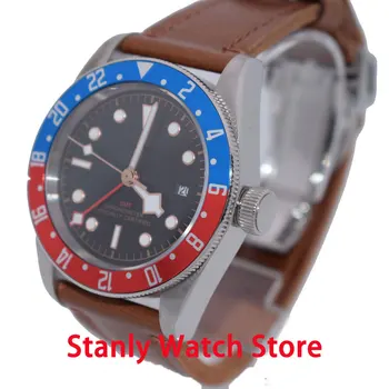 

Solid Sapphire Corgeut 41mm Black Sterile Dial Luminous Blue Red Bezel GMT Function Leather Strap Automatic Movement Men's Watch