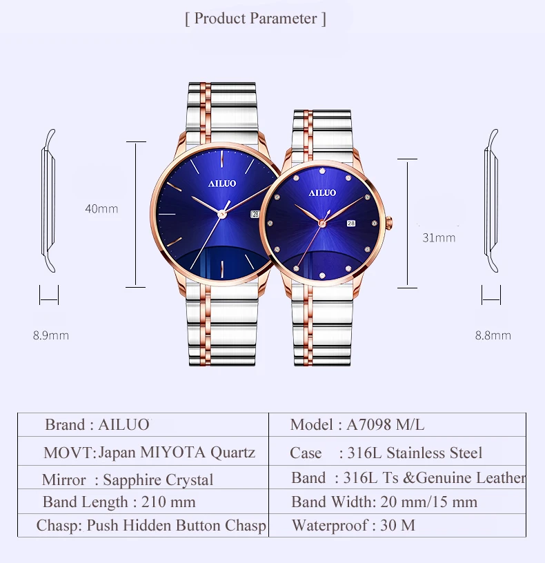 Франция люксовый бренд AILUO пара часы Япония Miyota Кварц Мужские наручные часы с сапфирами алмаз reloj mujer A7098M