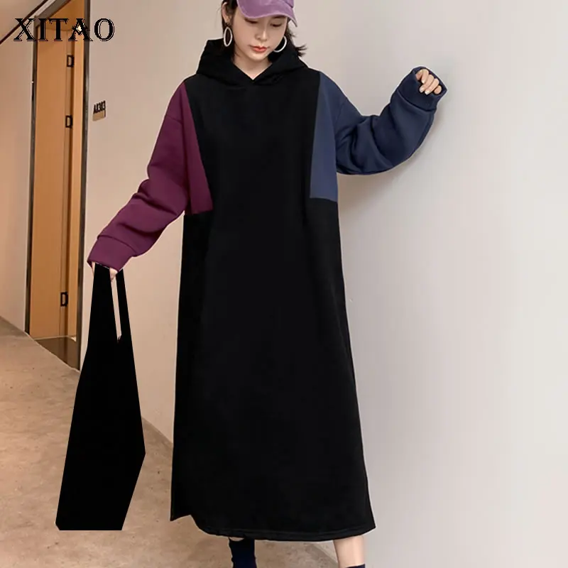 XITAO Patchwork Dress Women 2020 Autumn Casual Fashion New Style Temperament All Match Hooded Collar Full Sleeve Dress ZP3783 XITAO Patchwork Dress Women 2020 Autumn Casual Fashion New Style Temperament All Match Hooded Collar Full Sleeve Dress ZP3783
