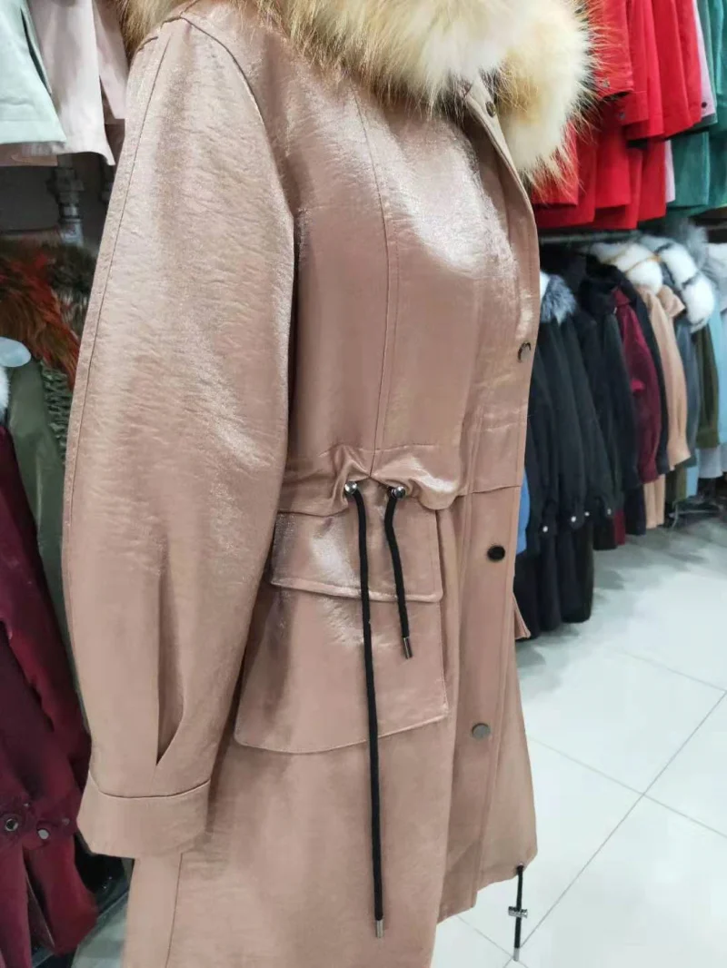 Fur Coat Highstreet Real Raccoon Fur Collar Hooded Drawstring Waist Rabbit Fur Lining Long Coat Women Winter Casual Plus Outwear