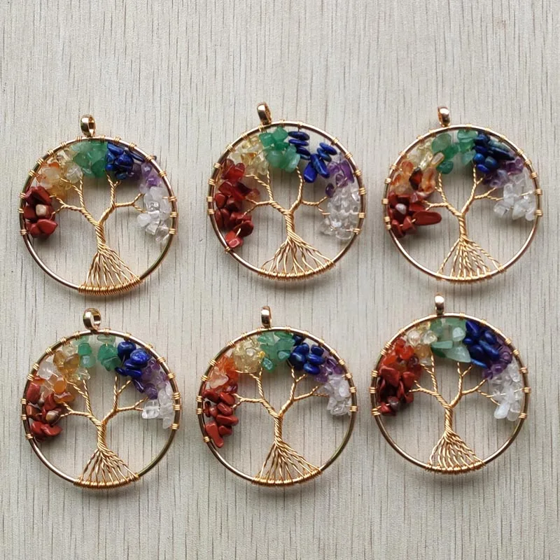 Wholesale 10pcs/lot new mixed natural stone Tree of life gold color wire wrapped Pendants 50mm for jewelry marking free shipping