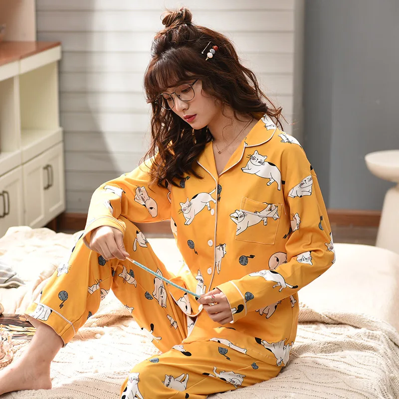 

Pajamas Women's Spring And Autumn Pure Cotton Long Sleeve Two-Piece Set Korean-style Cardigan Cartoon-Outer Wear Students Cute H