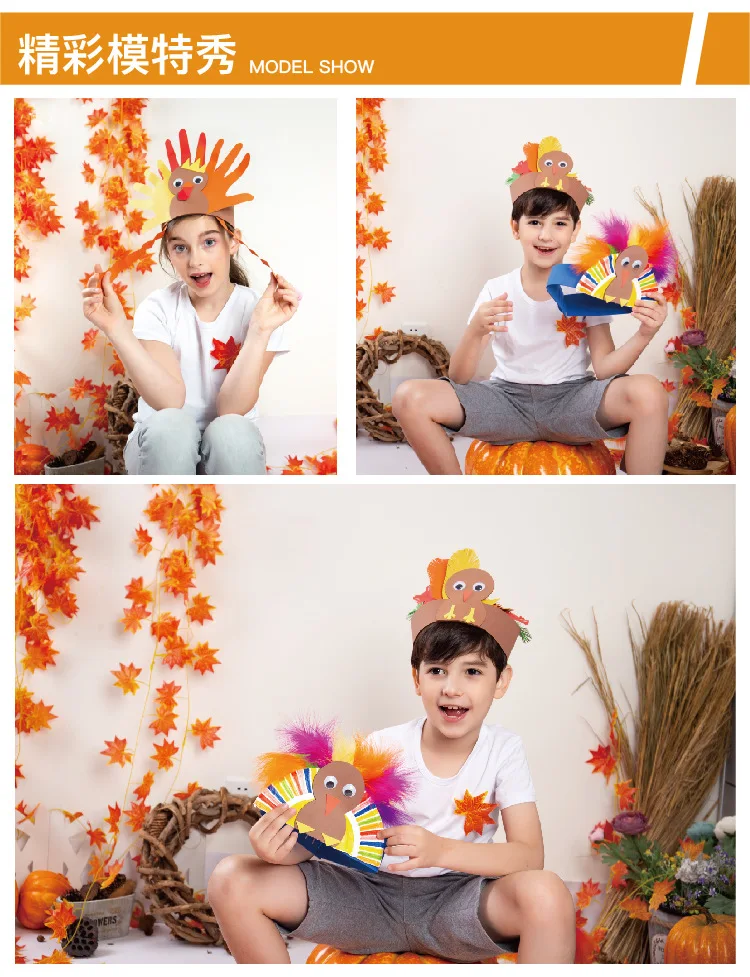 3PCS Turkey head ring DIY Feather ring Thanksgiving hand made toys Children's kindergarten manual Material package