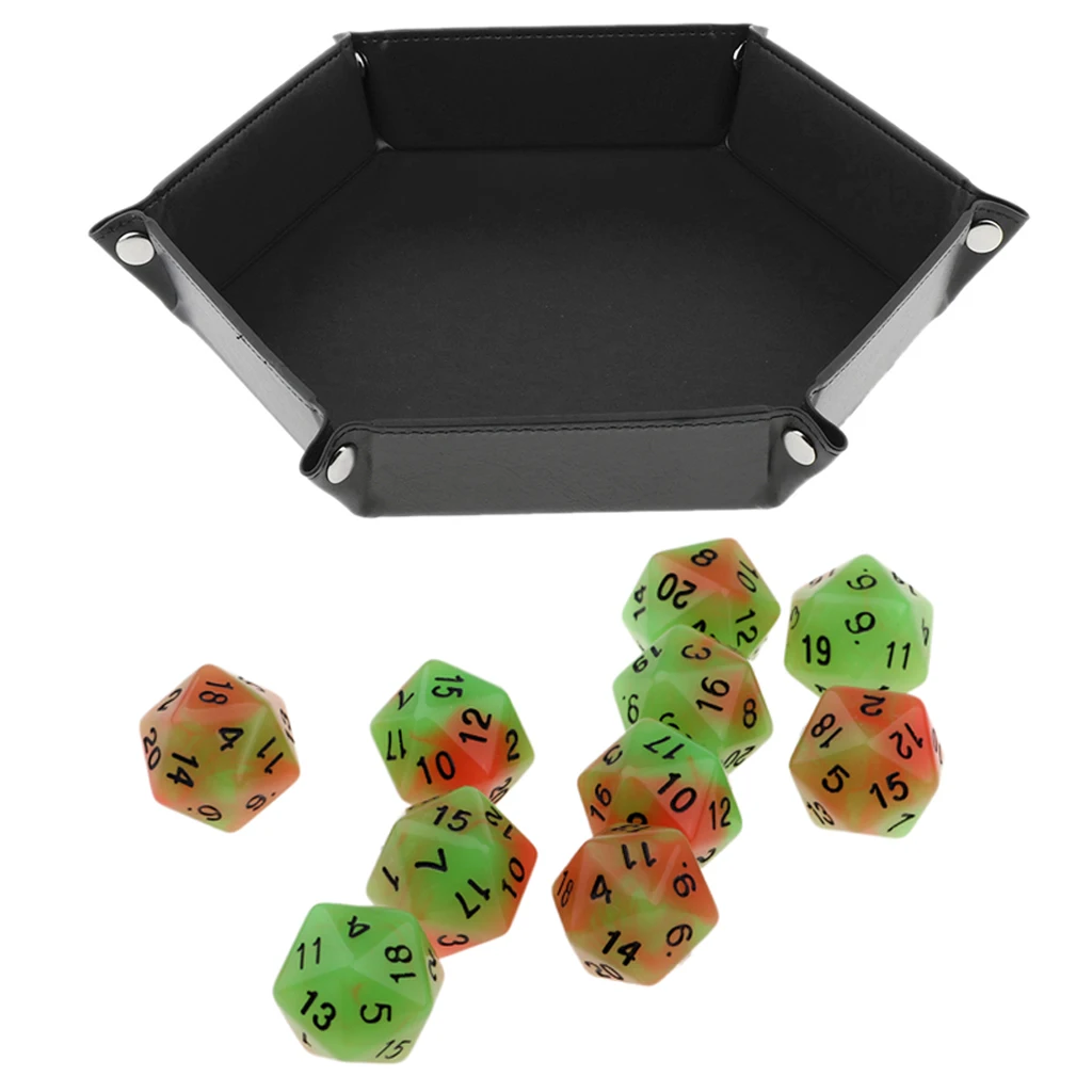 10 Pieces 20 Sided Dice With Hexagon Rolling Dice Tray For Table Game Supply