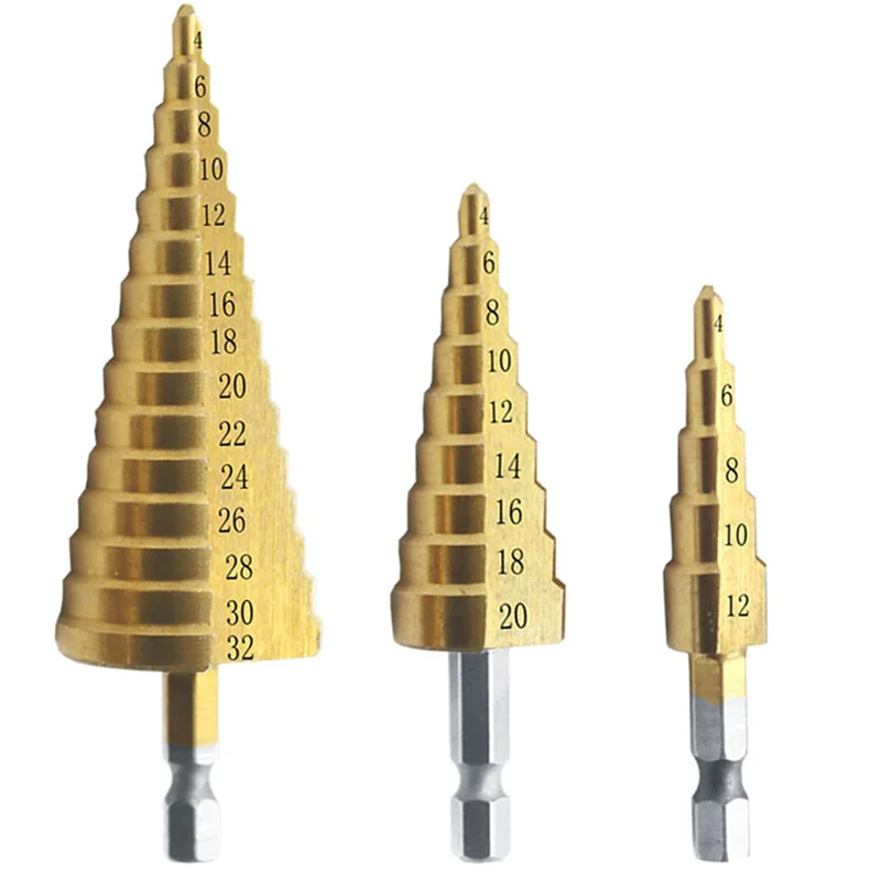 

3pcs Sheet metal tools Drill Core 4-12/20/32mm 1/4" Hex Titanium Step Cone Drill Bit Hole Cutter Metal Hex Bits