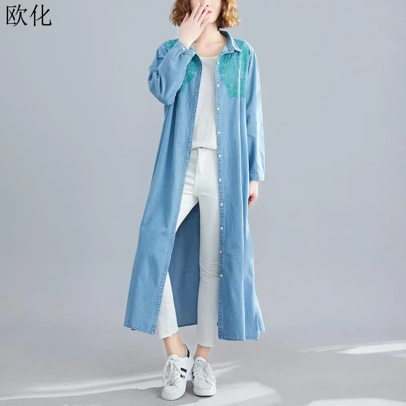 Женские блузки и топы размера плюс 4XL 5XL 6XL женская блузка с вышивкой новинка осень зима длинный рукав джинсовая рубашка длинное платье