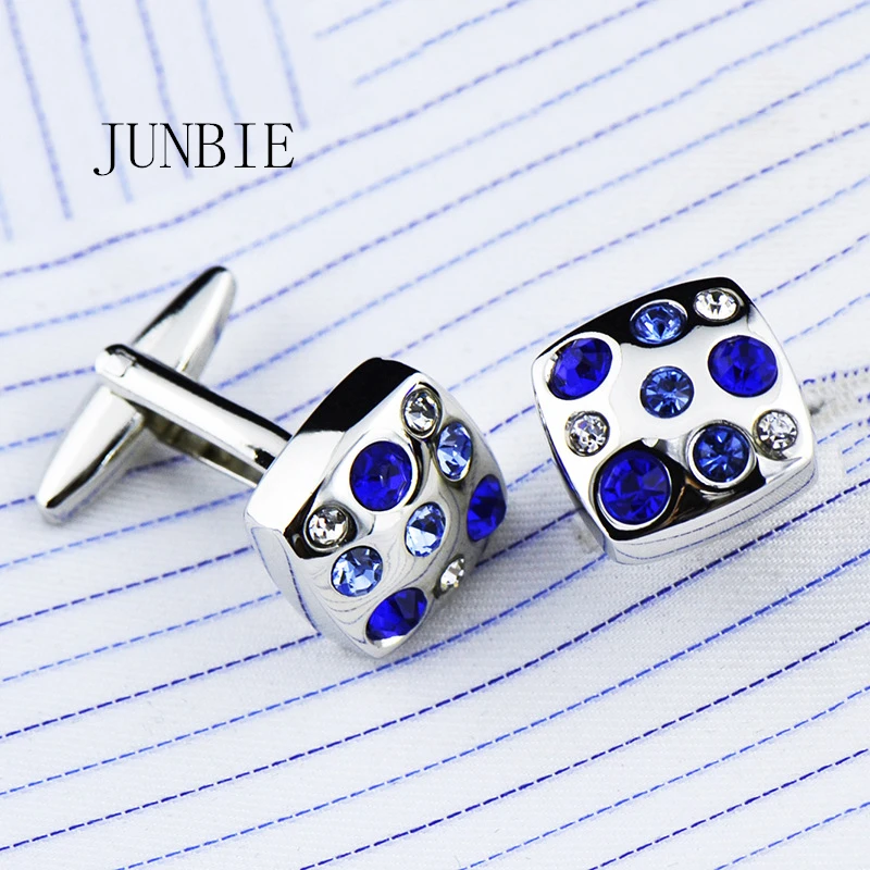 

JUNBIE Jewelry french shirt cufflink men Blue crystal Brand Cuffs link Button male High Quality Luxury Wedding Free Shipping