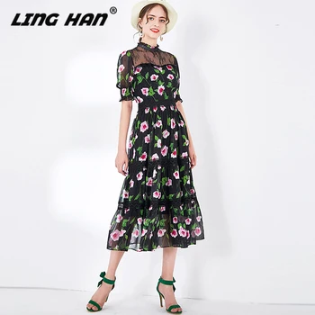 

LINGHAN Designer Women Spring Summer 2020 Floral Print Short Sleeve Midi Dress New Dresses Lady Boho Party Vestidos Robe