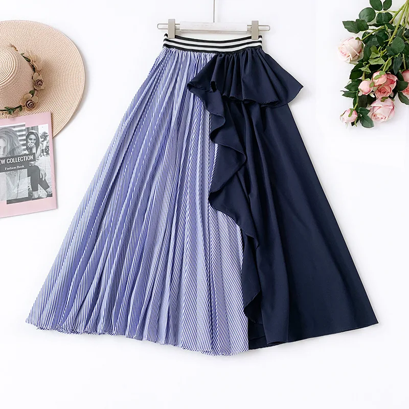 

European Style Pleated Anomaly Skirt Ffaldas Mujer Moda 2019 Pattern Stitching Ruffle A Word Long Skirts Womens