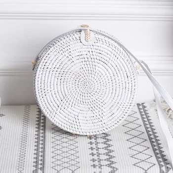 

Summer White Rattan Bag Round Straw Bag Handbags Women Handmade Woven Beach Circle Handwoven Round Retro Bag