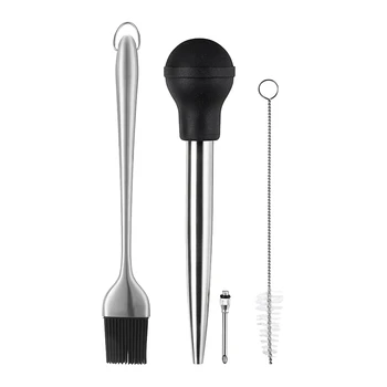 

Stainless Steel Turkey Baster with BBQ/Grill Basting Brush,Rubber Bulb with Flavor Needle & Cleaning Brush,Easy Clean Up
