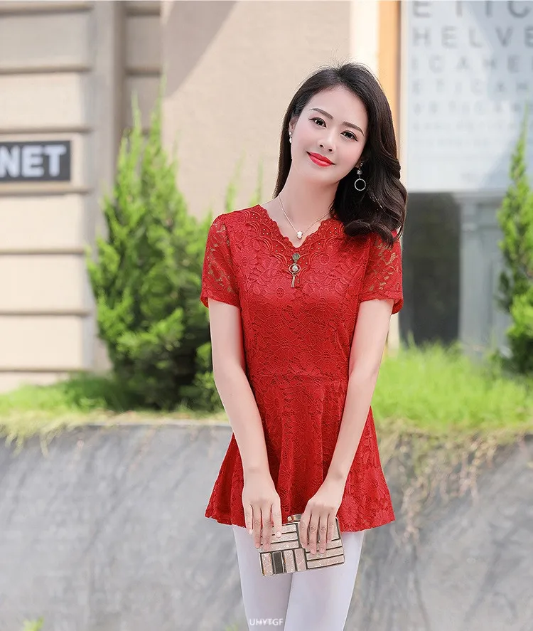 UHYTGF Womens Blouse Hollow Lace V-Neck Pullover Solid Wild Summer Shirt Elegant Female Clothing Chiffon 5XL Big Size Tops 2085