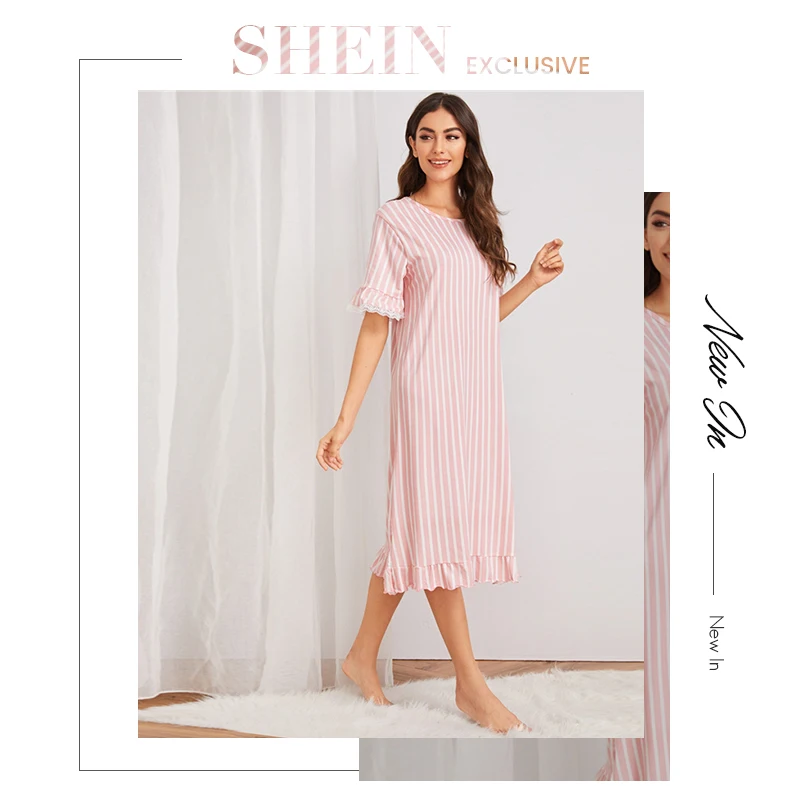 SHEIN Розовый Полосатый контрастный кружевной отделкой Ночное платье для женщин Ночная рубашка осень короткий рукав Повседневная Женская одежда для сна с оборками