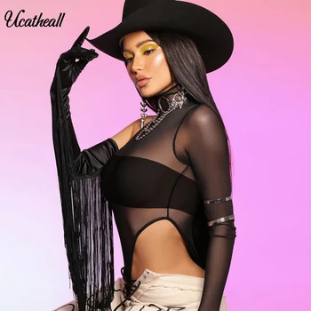 

Perspective Mesh Bodysuit Turtleneck One Slssve Romper Womens Jumpsuit Autumn Female Tops Slim Fashion Club Body