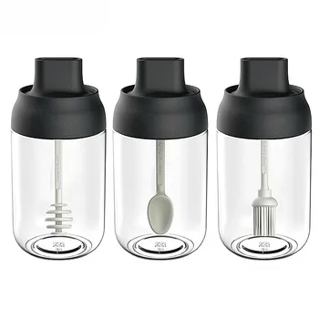 

2Pc Glass Seasoning Bottle Baking Oil Bottle Sealed Condiment Jar Salt Shaker Tank Spoon Oil Brush Cover Honey Storage Container