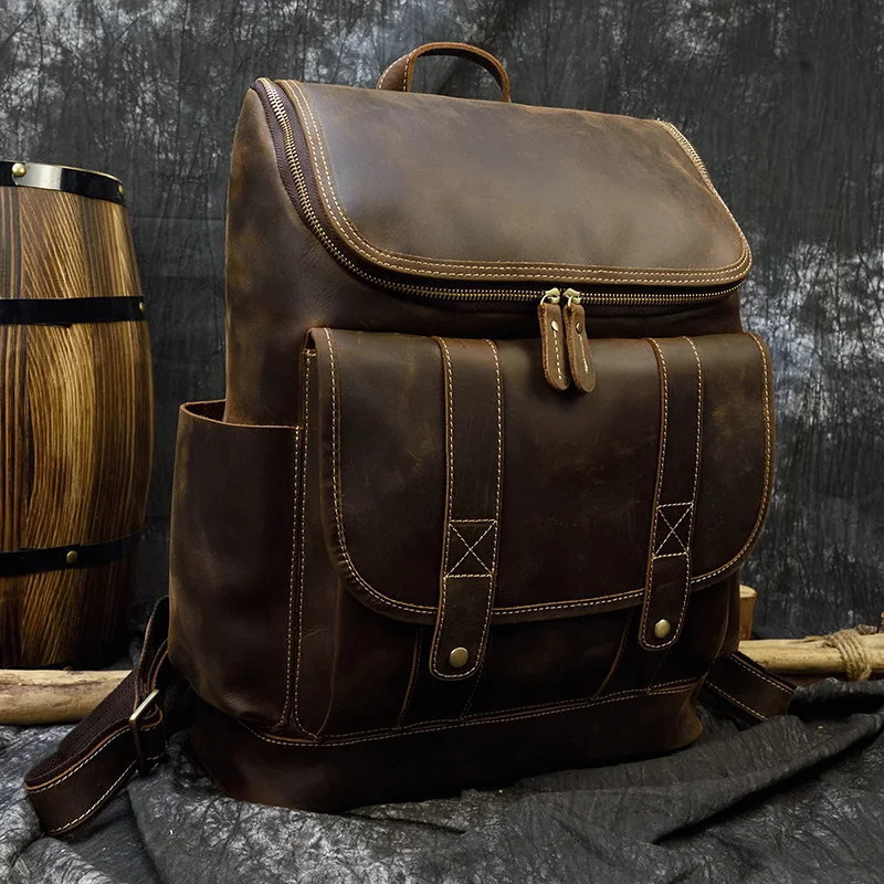 Big Capacity Vintage Leather Backpack Laptop Travel Bagpack Men Male Cowskin Backpack Retro Style Travel Bag Brown 42cm