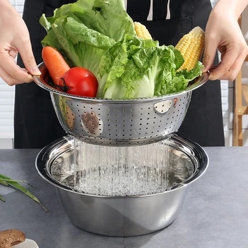 

3Pcs Durable Stainless Steel Grater Strainer Sieve Basin Washing Bowl Combo Vegetable Cutter Home Kitchen Dining Tools