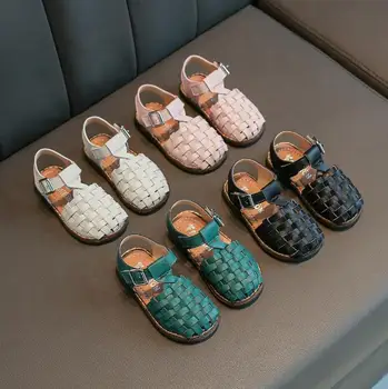 

2020 New Vintange Weave Solid Girl's Sandals Closed Toe Sandals for Girl Kids Baby Flat Girls Sandals Summer Kids Shoes