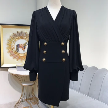 

Women Black Dress Autumn Party V-neck Elegant Lantern Long Sleeve Dresses Fashion Women Dress