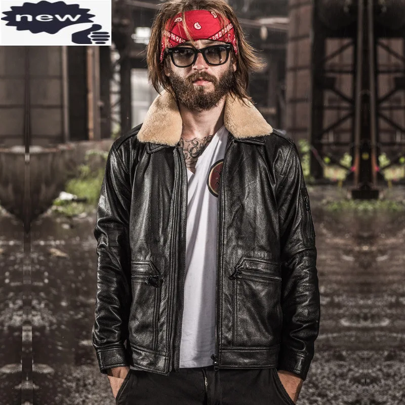 

Autumn New Arrival Casual Mens Sheepskin Genuine Leather Short Jacket Pilot Fur Collar High Quality Zipper Coat For Male