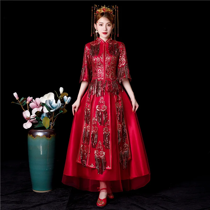 Красное китайское свадебное платье Cheongsam с цветочным узором, традиционное Стильное женское Сетчатое вечернее платье с блестками, длинное платье Qipao, одежда S-4XL