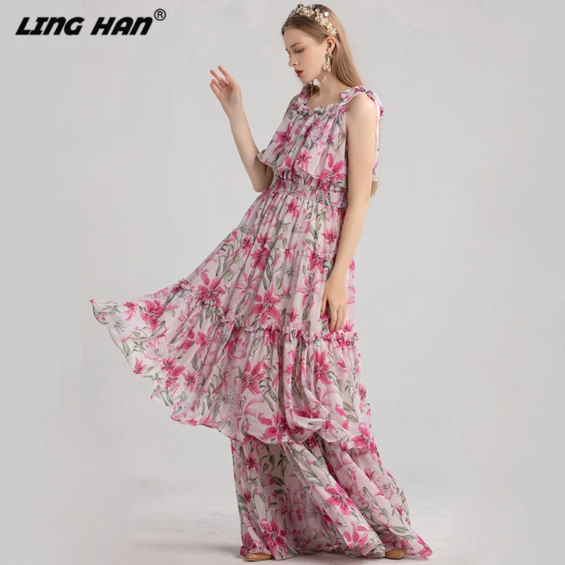 LINGHAN/модное дизайнерское платье для подиума; сезон весна-лето; женское платье на тонких бретельках с каскадными оборками в богемном стиле; Макси-платья - Цвет: Розовый
