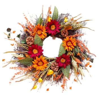 

Christmas Artificial Wreath Sunflower Branches Pine Cone for Autumn Thanksgiving Day Front Door Wall Hanging Decoration