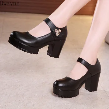 

2019 spring round head high heels female thick with thick platform waterproof platform shallow mouth single shoes large size