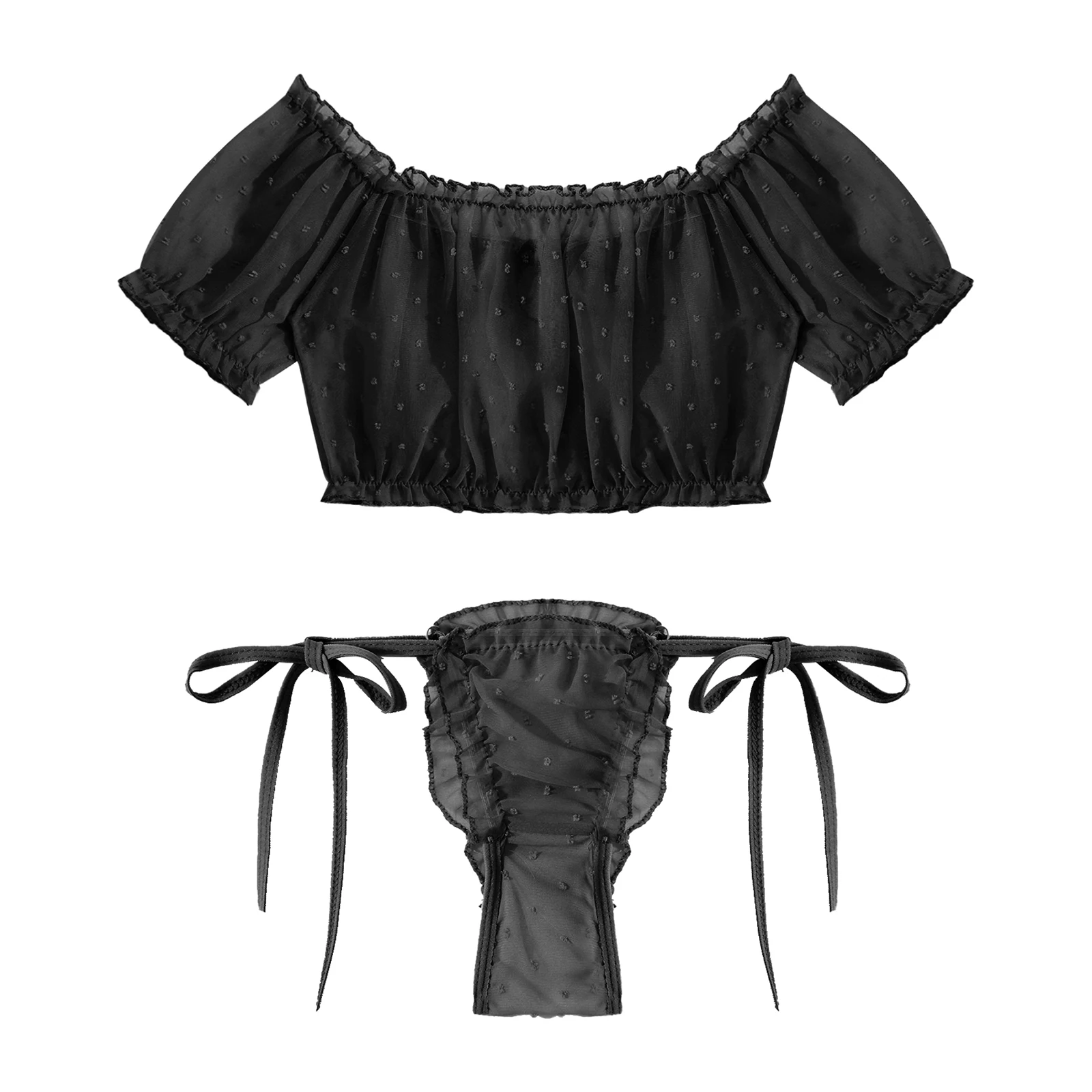 Two-piece Sissy Lingerie Set Sexy Underwear Set Nightwear Off Shoulder Ruffled Crop Top Lace-up Frilly Thongs For Men