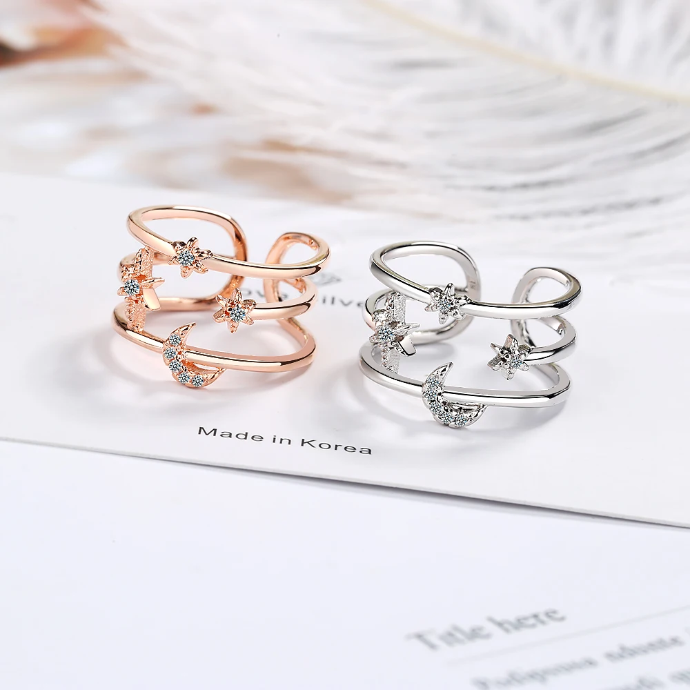 925 Sterling Silver Multi-layered Moon Star Dazzling Zircon Open Ring Jewelry For Birthday Gifts S-R464 | Украшения и аксессуары