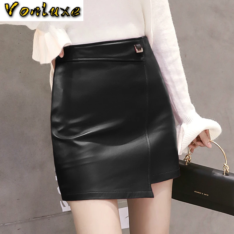 Real Sheepskin Skirts Womens Genuine Leather Irregular Mini Short Korean Elegant Ladies High Waist Skirt LWL2590 | Женская одежда