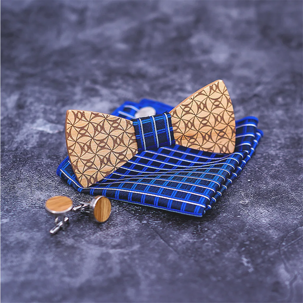 Manual Wooden Bow Tie Handkerchief Set Men's Bowtie Wood Hollow Carved And Box