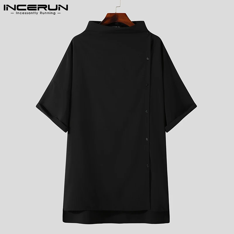 Men Casual Shirt Solid Color Turtleneck Half Sleeve Streetwear Camisa Masculina Fashion Button Up Personality Tops INCERUN men casual shirt