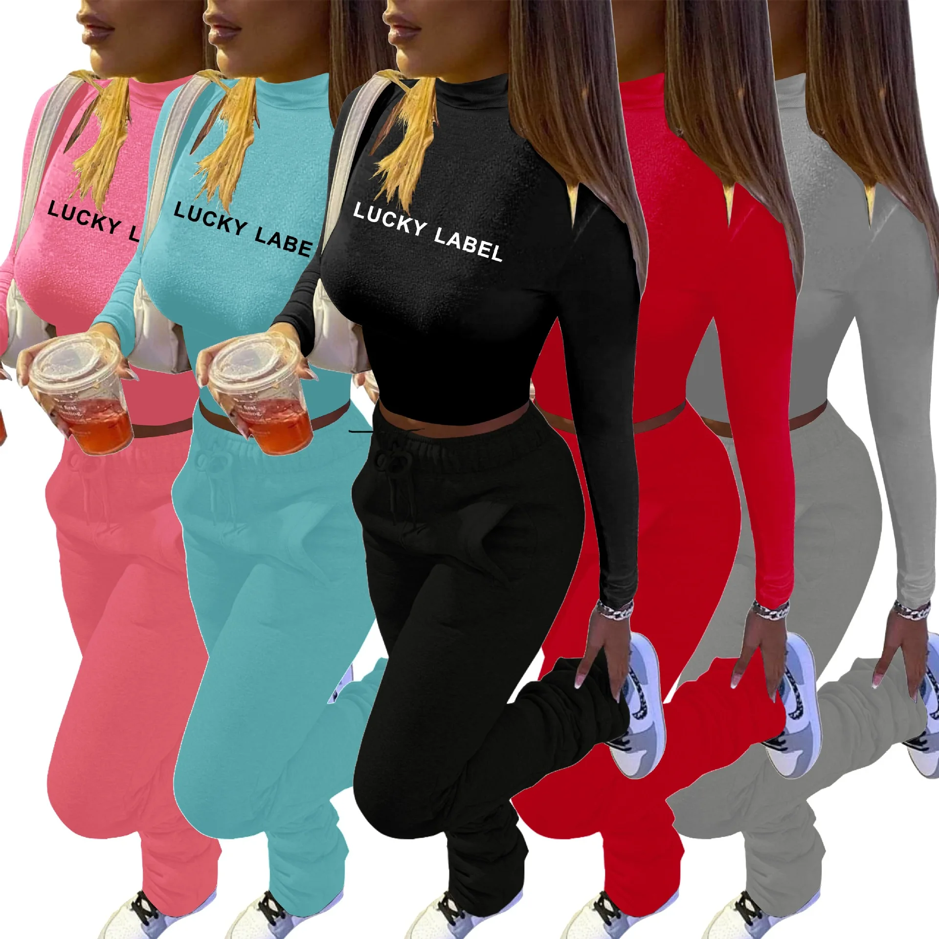 

Lucky Lable Letter Print Sexy Crop Tshirt Tops & Drawstring Lace Up Stacked Sweatpants Women Two Piece Outfits Winter Tracksuit