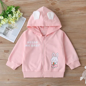 

Winter Children Casual Cotton Long Sleeve Zipper Print Rabbit Letter Hooded Pink Hoodies Casual Baby Girls T-shirt 2-6T