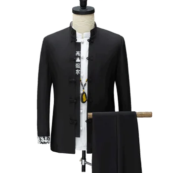 

Pure color men's embroidery two-piece Chinese style fashion casual men jacket and pants, beige black