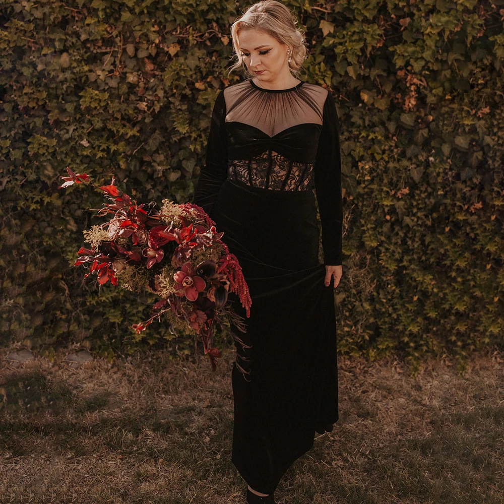 

Soft Velvet Black Long Sleeves Evening Prom Dress Cutout Lace Custom Made Plus Size Sheath Ruched Tulle Wedding Guest Gowns
