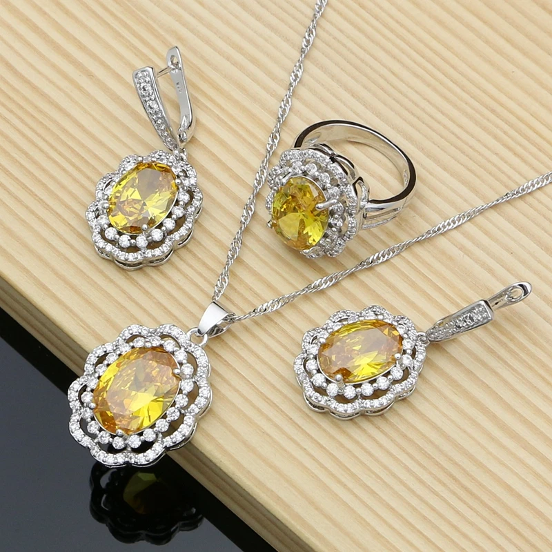 3 PCS Модные 925 пробы Серебряные Ювелирные наборы желтый кубический цирконий камни серьги кольца браслет украшения для женщин подарок - Окраска металла: 3 PCS