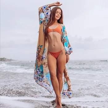 

2020 Loose Cardigan beach dress Printing Beach Cover Up Chiffon Casual Beach Dress Bathing Suit women pareos saida de praia cape