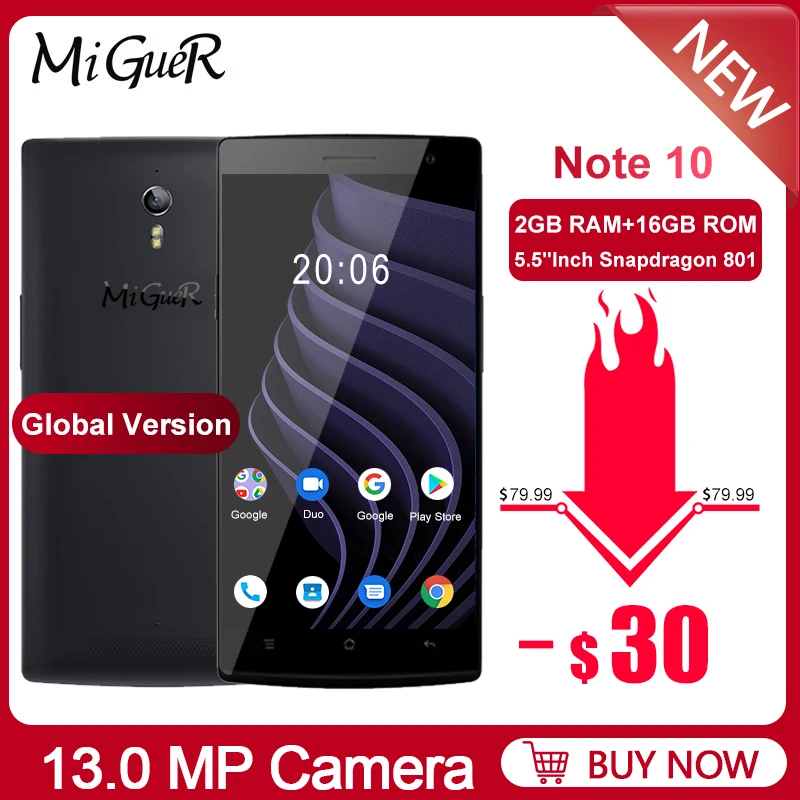MiGueR Note 10 4G смартфон 5 &quotHD 2 Гб ОЗУ 16 ПЗУ Snapdragon 801 четырехъядерный 13MP + 5MP 2800 мАч NFC OTA OTG