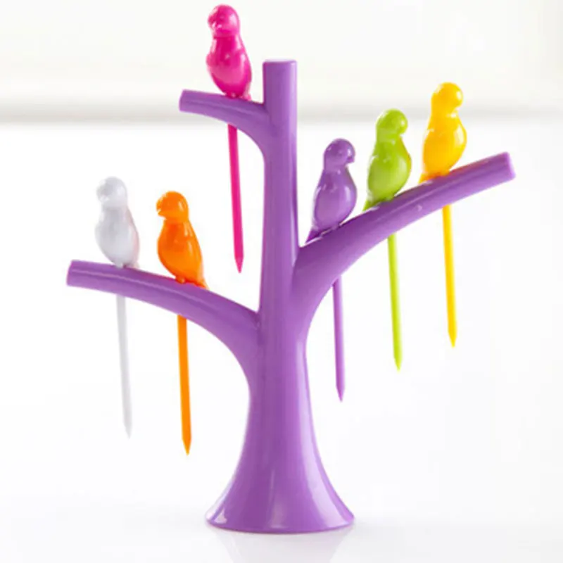 Purple Приготовление пищи Дерево Птица моделирование фрукты овощи инструменты Гаджеты Мода Вилка Набор - Цвет: Purple