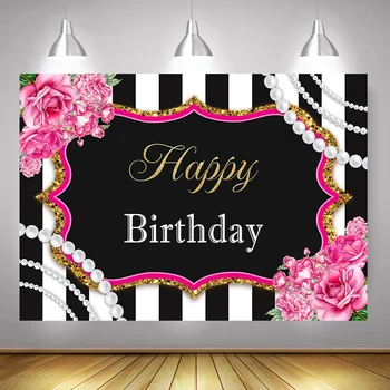 

Floral Adult Happy Birthday Backdrop Photocall Rose Pearl Birthday Party Banner Background Decoration Stripes Cake Smash Props