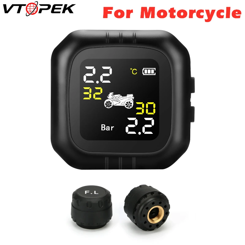 

VTOPEK TPMS Waterproof Motorcycle Real Time Tire Pressure Alarm Monitoring System TPMS Wireless LCD Display External Sensors