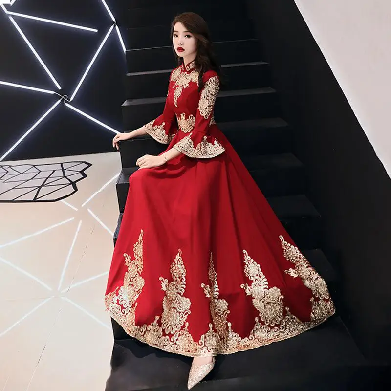 Темно-красные вечерние Длинные Cheongsam ретро Тонкое платье свадебное платье китайский стиль свадебное Qipao Дамская одежда Vestido XS-3XL - Цвет: Dark Red - G