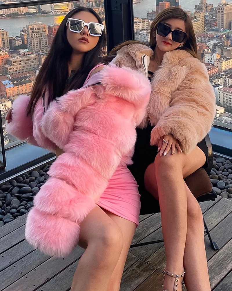 High Quality Furry Cropped Faux Fur Coats and Jackets Women Fluffy Top Coat with Hooded Winter Fur Jacket Manteau Femme