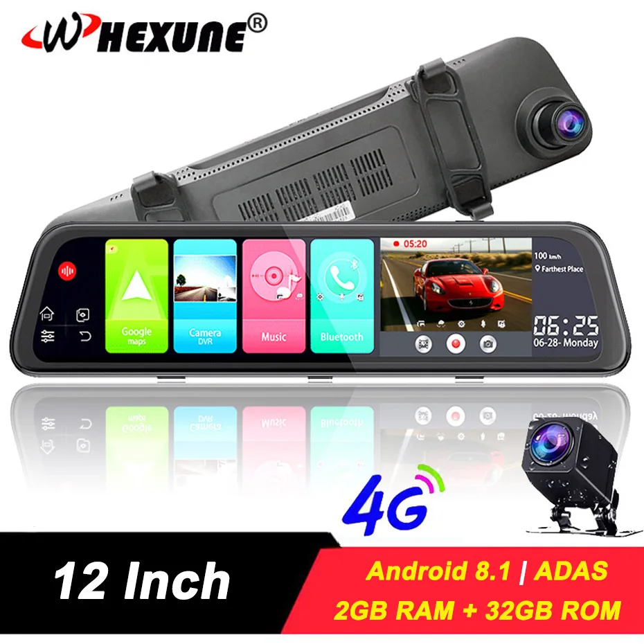 Автомобильное зеркало заднего вида WHEXUNE 12 дюймов 4G Android 8 1 GPS навигатор 2 Гб ОЗУ 32