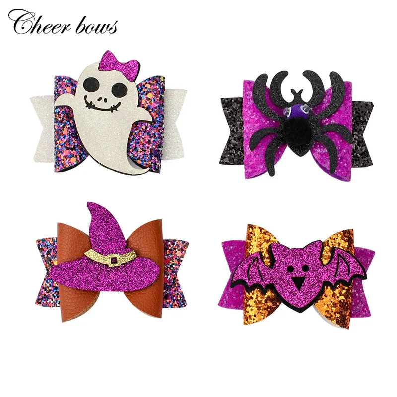Cheer Bow 3&quot Cartoon Hair Bows Glitter Halloween Bat Ghost Spider Hairgrips Clips For Girls Kids Party Hairpins Accessories |