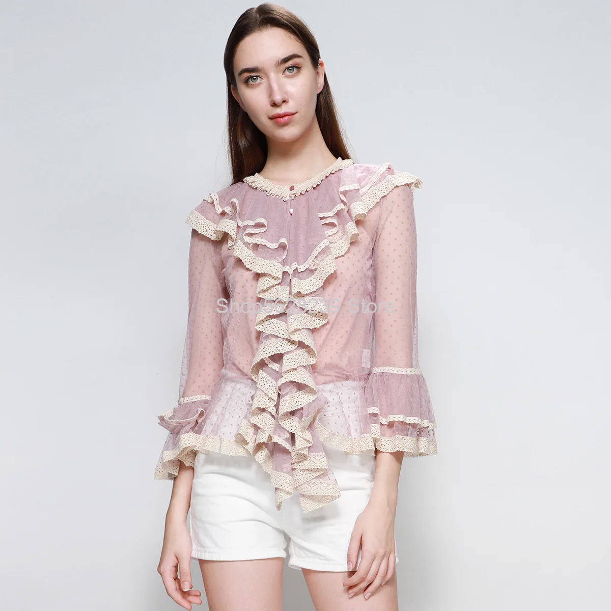 

French Wind Mesh Wave Point Women's Wear 2020 Pack Lace Splicing Lotus Leaf Edge Perspective Slim Fit Socialite fashion Top