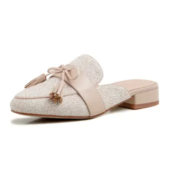 

Cow leather cloth low heels casual shoes woman slippers rouned toe shoes woman Fashion Mules Slipper ladies Shoes
